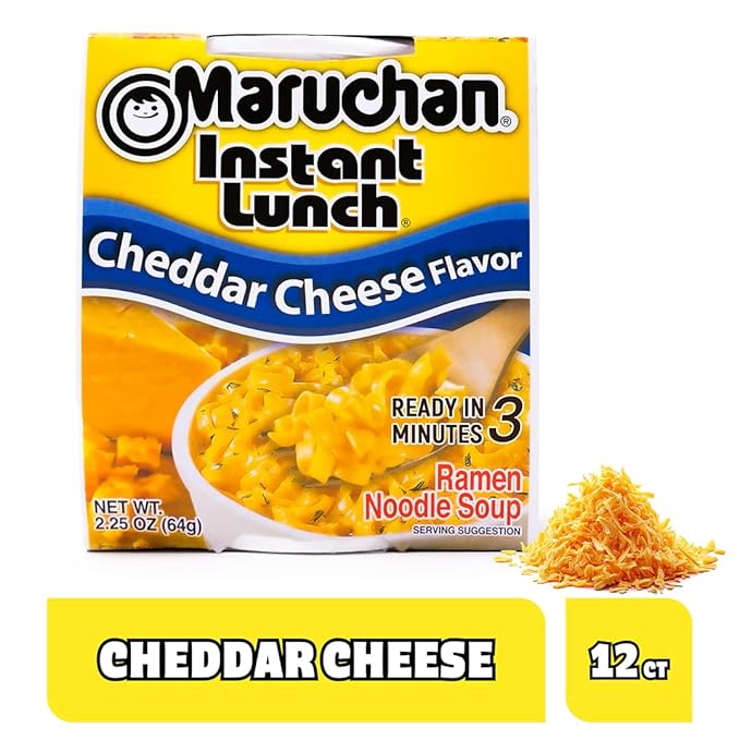Maruchan Instant Lunch Ramen Noodles, Cheddar Cheese Flavor – Japanese-Style Instant Noodle Soup, Quick & Easy Meal – 2.25 Oz Cup, Pack of 12