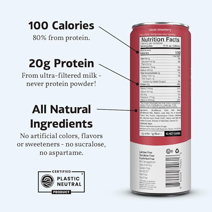 Slate Milk - High Protein Milk Shake - Classic Strawberry - Lactose Free, 20g Protein, 1g Sugar, 100 Calories, 1g Net Carbs, No Added Sugar - Natural, Breakfast Boost, Post Workout - 11 fl oz, 24 Cans