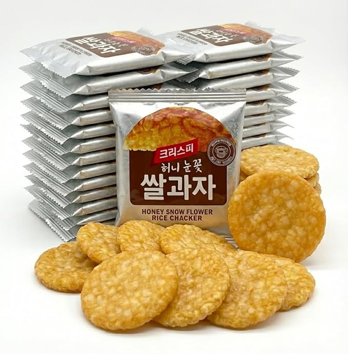 Crispy Honey Snow Flower Rice Cracker, Korean Sweet Rice Snack, Individually Wrapped Light Crunchy Treat (Honey Round (0.28 oz) - 30 Packs)