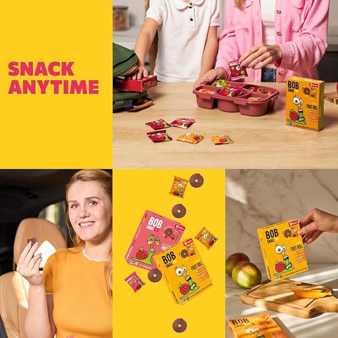 Bob Snail Fruit Roll Ups – 50 Natural Fruit Snacks (Mango & Strawberry), Vegan, No Added Sugar, Healthy On-the-Go Pack, 500g