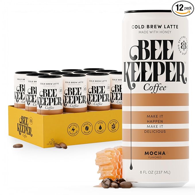 Beekeeper Mocha Latte Cold Brew Coffee Drinks with Oregon Honey | 12 Pack Refreshing Iced Coffee - Unsweetened & Strong Arabica Brew, 8 fl oz Ready-to-Drink Can - 180mg Natural Caffeine