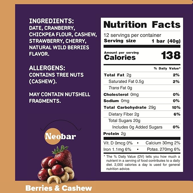 NEOBAR Fruit and Nut Bars - Plant-Based Vegan Snack Bars, Gluten Free Dairy Free Snacks, No Added Sugar, No Preservatives, Non-GMO | Berries & Cashew,12 Count