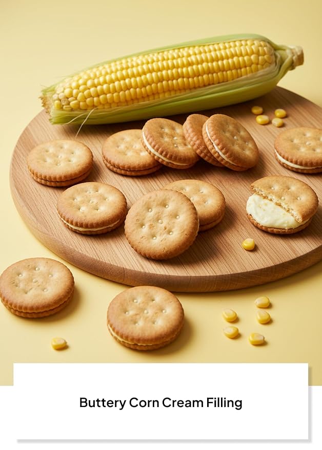 Korean Food CW Corn Sand Biscuits, Sweet Corn Cream Sandwich Crackers, 1+1 Family Pack (6 Packs x 2), Crispy Korean Snack (Total 12 Packs, 12.7oz)