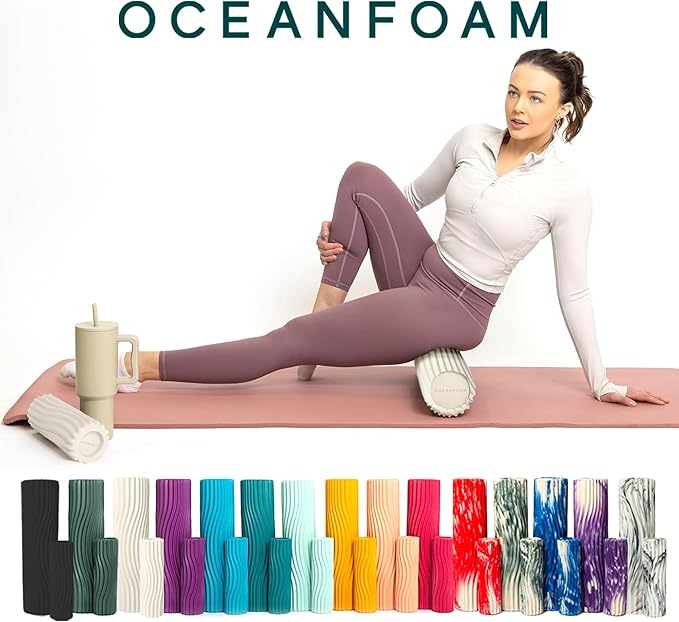 Oceanfoam Ripple Travel Foam Roller (11" x 3.35") Firm Mini Foam Roller for Physical Therapy, Deep Tissue Massage, Back Pain - High Density, Ergonomic Wave Textured - Yoga, Pilates, Exercise (Natural)