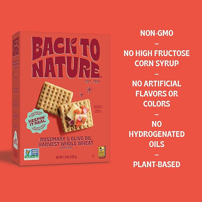 Back to Nature Rosemary & Olive Oil Harvest Whole Wheat Crackers, Non-GMO, Plant-Based Snack, Made with Whole Grain Wheat & Sea Salt, 7 oz Box