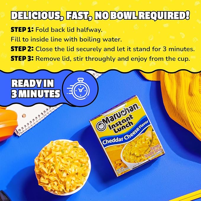 Maruchan Instant Lunch Ramen Noodles, Cheddar Cheese Flavor – Japanese-Style Instant Noodle Soup, Quick & Easy Meal – 2.25 Oz Cup, Pack of 12