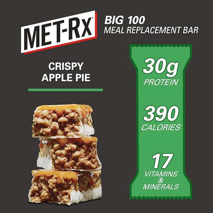 MET-Rx Big 100 Colossal Protein Bars, Crispy Apple Pie Meal Replacement Bars, 9 Count (Pack of 2)