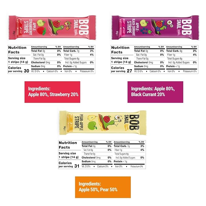 BOB SNAIL Healthy Fruit Snacks for Kids and Adults–30 Fruit Leather Snacks with Apple-Pear, Strawberry, Black Currant–Vegan Low-Carb Variety Pack Strips for Kids–Sugar Free Jerky Bars