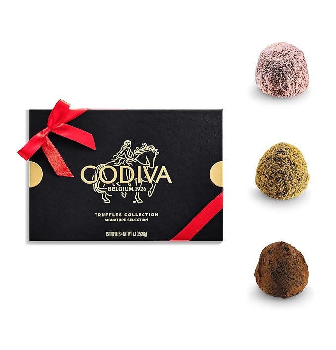 Godiva Red Ribbon Signature Truffle Gift Box, Belgian Dark and Milk Chocolates with Ganache Centers, Gourmet Valentine's Day Gift, Kosher, 15 Pc