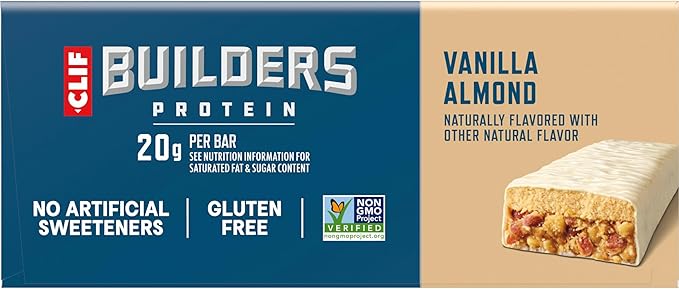 CLIF BUILDERS Protein Bars - Vanilla Almond Flavor - 20g Plant Based Protein - Gluten Free - Non-GMO - Low Glycemic - No Artificial Sweeteners - 2.4 oz. (12 Pack)