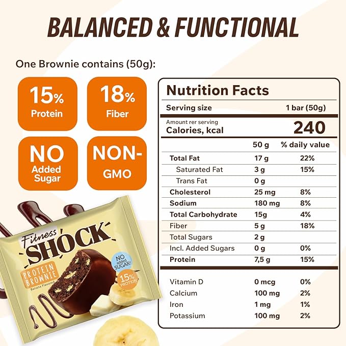 FitnesSHOCK Chocolate Brownie No Added Sugar, 15% Protein, satiating dietary fibre, Soft Texture, 10 Pieces, 50g - Banana Flavour