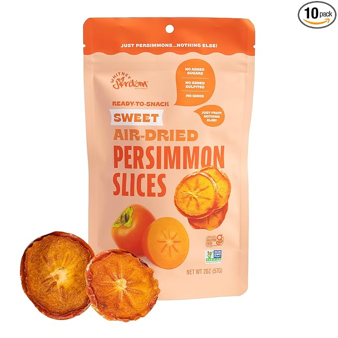 Whitney Jordan Naturals Air-Dried Persimmon Slices 2 Oz, Pack of 10 - Dried Fruit Snack Made from Real Persimmons - No Sugar Added, Gluten-Free, Vegan, Chewy Fruit for Healthy Snacking On-the-Go