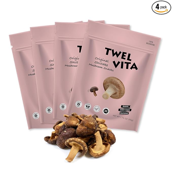 TWEL VITA Natural Shiitake Mushroom Crisps, 4-Pack (1.76 oz Each) | Vegan, Clean Label, Non-GMO, Gluten-Free, Paleo & Keto Friendly Snack Variety Pack