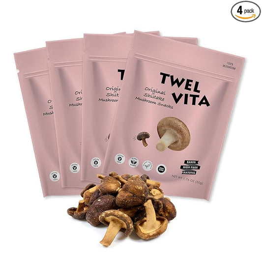 TWEL VITA Natural Shiitake Mushroom Crisps, 4-Pack (1.76 oz Each) | Vegan, Clean Label, Non-GMO, Gluten-Free, Paleo & Keto Friendly Snack Variety Pack