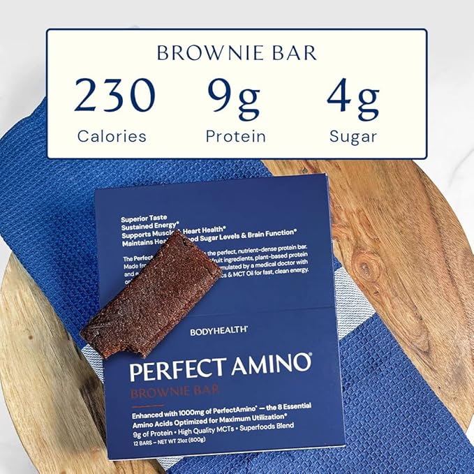 BodyHealth PerfectAmino Bar – Protein Energy Snack with 10g Protein, Plant-Based MCTs, Superfood Blend, Non-GMO, Gluten, Dairy & Soy Free (Brownie, 12 Pack)