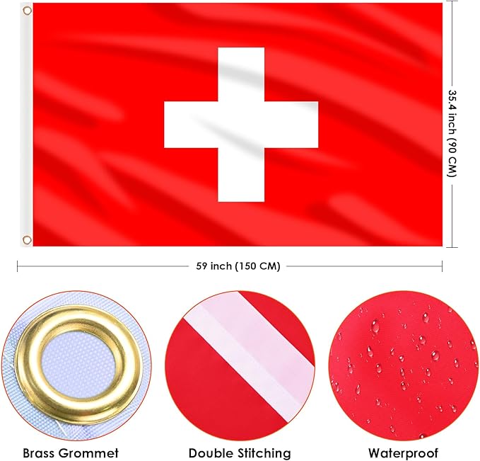 AhfuLife 2 Pcs Switzerland Flag 3x5 Ft, Large Switzerland National Flags for Outside - Double Side with Brass Eyelets for Olympic Party Decorations, Bar Garden Street Decoration Indoor Outdoor