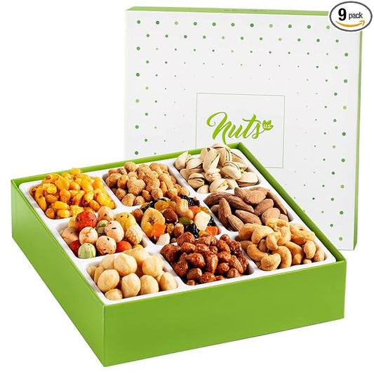 NUTS U.S. Dried Fruits & Nuts Gift Basket – 9-Variety Healthy Sweet & Salty Snack Box – Gourmet Assortment for Christmas, New Year, Birthday, Anniversary, Valentine’s Day & Corporate Gifts