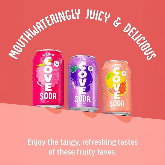 Cove Probiotic Soda, Zero Sugar Better-For-You Alternative - Refreshing, Delicious Probiotic Drink, Naturally Sweetened & Caffeine Free - Fruity Flavors, 12 Pack - Raspberry, Grapefruit, & Grape
