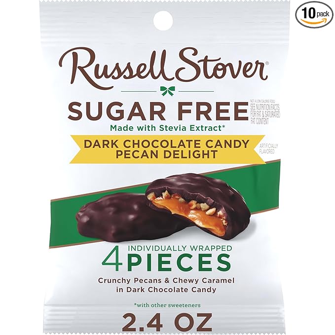 RUSSELL STOVER Sugar Free Dark Chocolate Pecan Delight Candy, 2.4 oz. bag (Pack of 10)