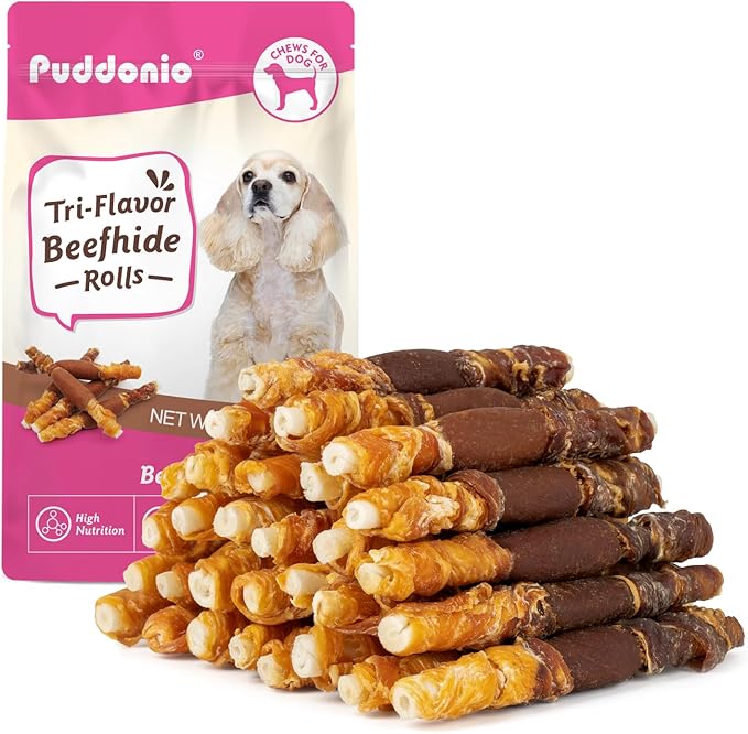 Puddonio Dog Treats, Triple Flavor Rawhide Sticks, Chicken, Duck & Chicken Liver, Chews for Medium & Small Dogs, 21.16 oz