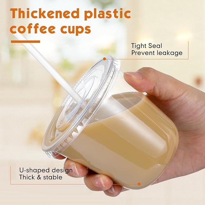 Ziliny 50 Sets Clear Plastic Cups with Lids and Straws, Disposable Iced Coffee Cups Drinking PET for Cold Drinks, Juice, Smoothie, Coffee Shops, Party, Christmas (Clear,10 oz)