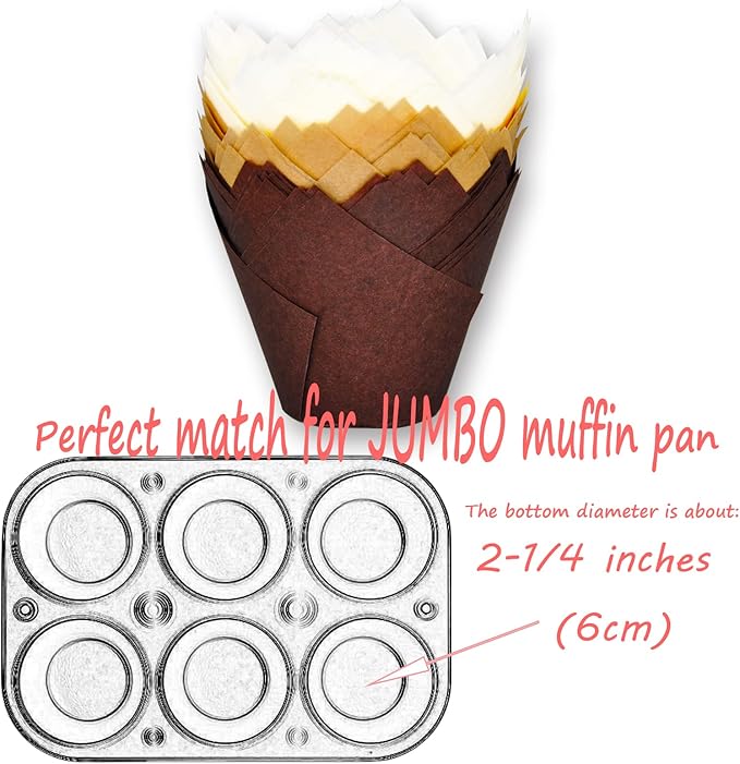 MyBakning (JUMBO EXTRA LARGE size) Natural+Brown+White Tulip Baking Cups 2-1/4"(Base diameter) x 3-3/4"(Wall height) Greaseproof paper baking cupcake Muffin liners, Case of 130 pcs