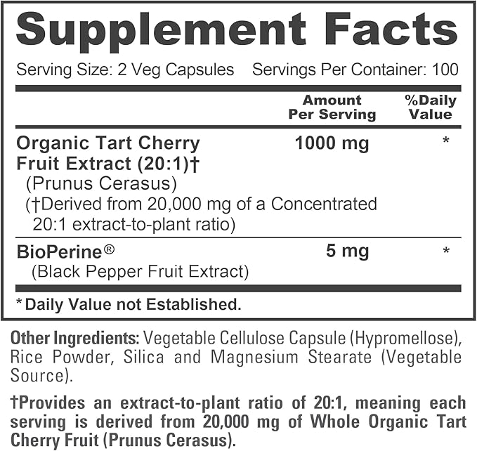 NusaPure Organic Tart Cherry 20:1 Extract, 1000 mg Equivalent to 20,000 mg 200 Veggie Caps (Vegan, Non-GMO) Bioperine