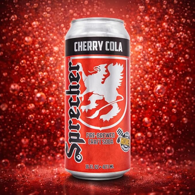 Sprecher Cherry Cola in 16 fl oz Cans (12 Pack), Fire-Brewed Craft Soda with Real Honey & Door County Cherry Juice, Handcrafted Premium Cherry Soda, Caffeine-Free, Gourmet Beverage