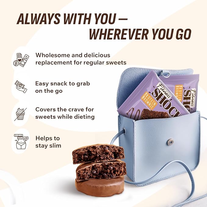 FitnesSHOCK Chocolate Brownie without Added Sugar, 15% Protein, satiating dietary fibre, Soft Texture, 10 Pieces, 50g