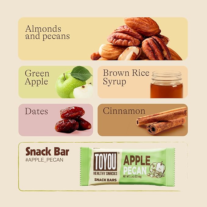 ToYou Gluten Free Chewy Fruit and Nut Bars - Healthy Protein Snacks | Apple Pecan - 1.41 Ounce (Pack of 12) | Soft Chewy, Vegan, Fiber-Packed Granola Bars for Adults and Kids, Made with Natural Ingredients
