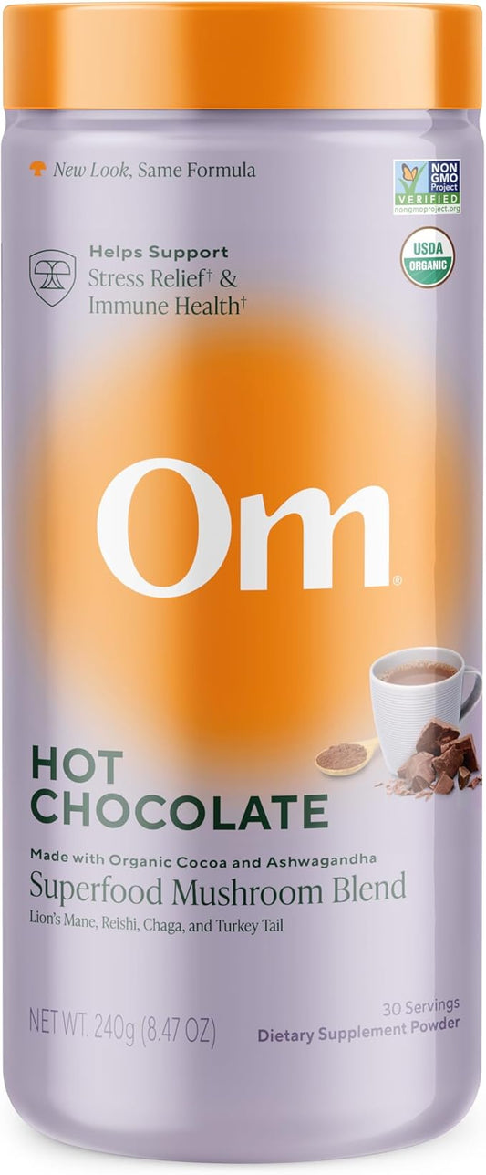OM MUSHROOM SUPERFOOD Hot Chocolate Blend – Dutch Cocoa with Lion’s Mane, Reishi, Chaga & Turkey Tail – Supports Focus, Calm & Stress Relief – 2g Sugar, 25 Calories – 8.47 oz Canister (30 Servings)