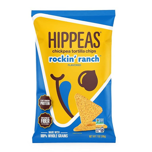 HIPPEAS Chickpea Tortilla Chips, Rockin' Ranch Gluten Free Snacks, Dairy Free, Vegan, 7oz Bag, 3g Protein, 3g Fiber, Crunchy, Nutritious, Baked Plant Protein Snack, Non-GMO, Kosher
