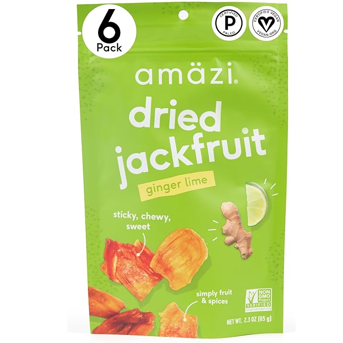 Amäzi Foods | Ginger Lime Dried Jackfruit (6 Pack) | All Natural Snacks | Gluten Free Healthy Dried Fruit Snacks