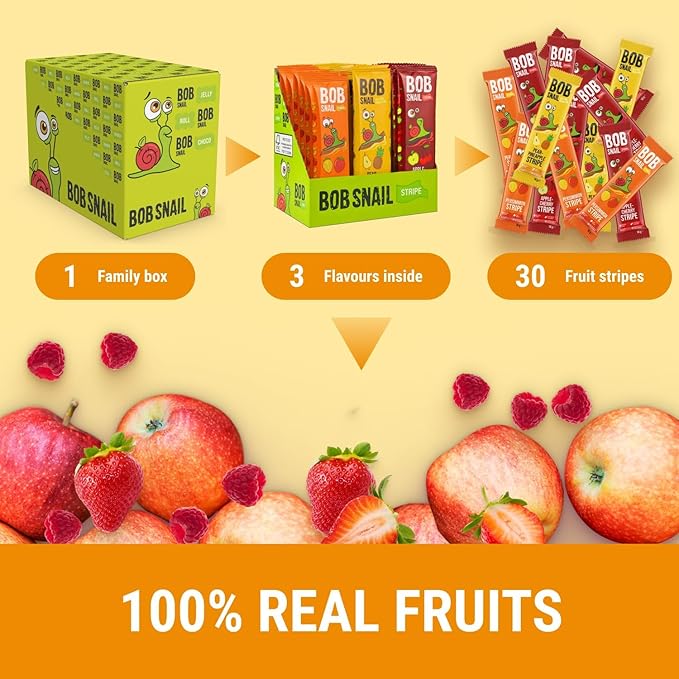 BOB SNAIL Healthy Fruit Snacks for Kids and Adults – 30 Fruit Leather Snacks with Persimmon, Pear-Pineapple,Cherry – Vegan Low-Carb Variety Pack Strips for Kids – Sugar Free Jerky Bars