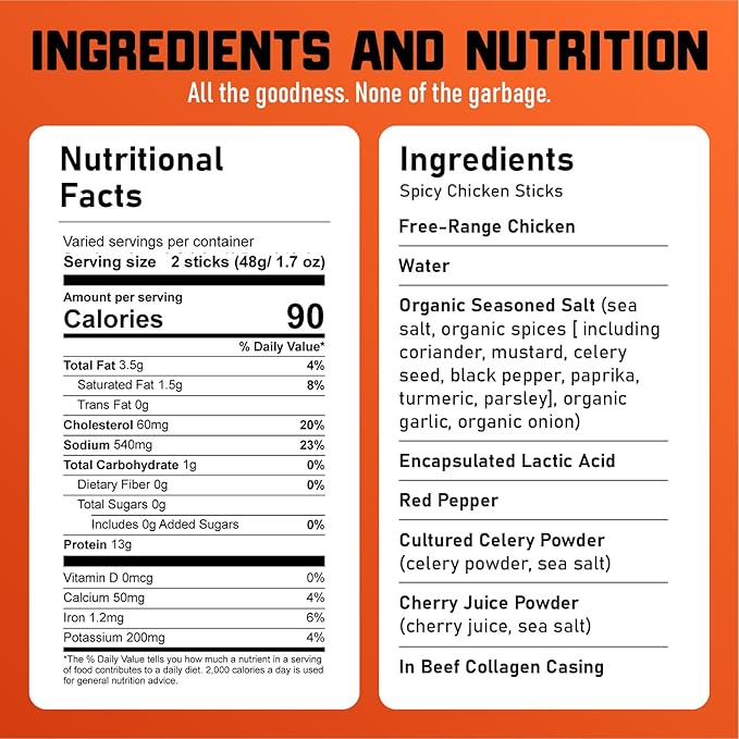 Nick's Sticks Spicy Free Range Clean & Balanced Chicken Snack Sticks | Made in the USA | Gluten Free | Paleo | Keto | Whole30 Approved | No Soy, Antibiotics or Hormones (12 – 1.7oz. Packages of 2 Sticks)