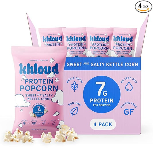 Khloud Protein Popcorn - Sweet & Salty Kettle Corn - 7g Protein Snacks for Adults & Kids - Flavored Popcorn Made with Real Ingredients & Milk Protein Isolate - Non-GMO, Gluten-Free, Kosher - 5oz, 4pk