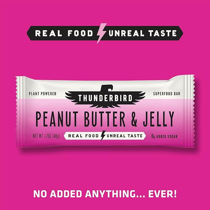 Thunderbird Bars Energy Snack, Gluten-Free with Protein, Healthy Real Food, Vegan Non-GMO, No Added Sugar (12 Count, 1.7 oz. Bars) (Peaut Butter Jelly)