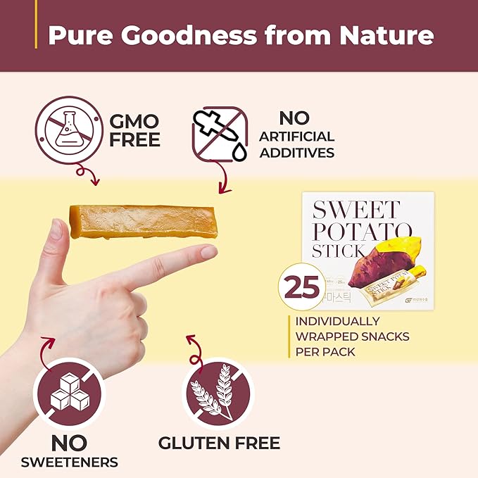 Korean Chewy Sweet Potato Snacks Individually Wrapped [25] – 100% Natural Vegan Sweet Potato Sticks – No Added Sugar, Gluten Free, Non-GMO – Semi-Dried Healthy Treats – Vegan Snacks by Gangwon Export