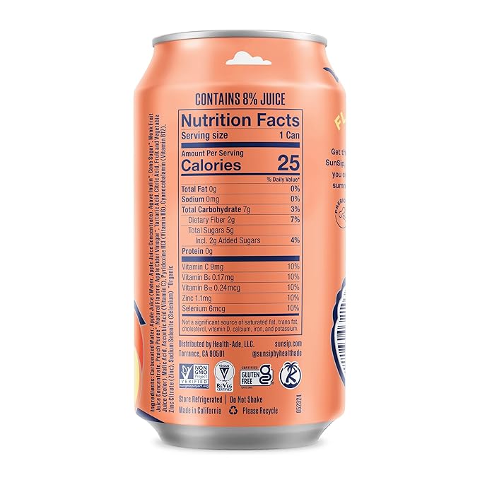 SunSip Prebiotic Soda by Health-Ade, Gut-Healthy Beverage, Soda Swap, Vitamins & Minerals, Naturally Sweetened with 5g of Sugar, Peach, 11.5 oz (12 Pack)