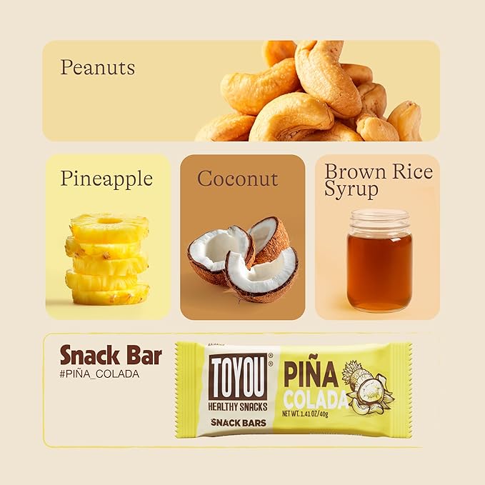 ToYou Gluten Free Chewy Fruit and Nut Bars - Healthy Protein Snacks | Piña Colada - 1.41 Ounce (Pack of 12) | Soft Chewy, Vegan, Fiber-Packed Granola Bars for Adults and Kids, Made with Natural Ingredients