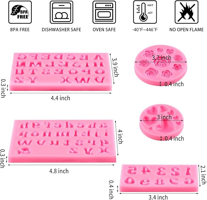 CLUEWR 5 PCS Silicone Letter Molds, Non-Stick Number Heart Rose Flower Fondant Molds for Chocolate, Candy, Cake Decoration, Cupcake Topper