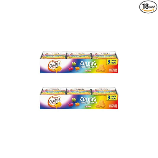Goldfish Colors Cheddar Crackers, Snack Pack, 0.9 oz, 9 CT Multi-Pack Tray (Pack of 2)