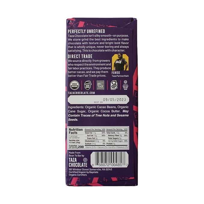 Taza Chocolate Organic Amaze Bar 87% Stone Ground, Seriously Dark, 2.5 Ounce (10 Count), Vegan