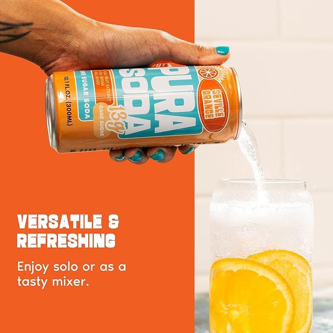 PuraSoda® Seville Orange | Low-Calorie, Cane Sugar Soda, Beverage | Non-GMO, Vegan | Made with Pure Cane Sugar, Clean & Refreshing | 10.1 fl oz (300ml) Cans, Pack of 24