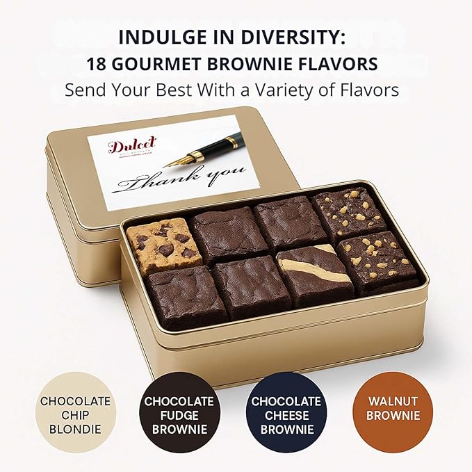 Thank You Gift Basket - 18 Individually Wrapped Brownies Freshly Baked in a Variety of Flavors - Dulcet's Signature Flavored Fudge Brownies - Gift Box Comes with Thank You Card