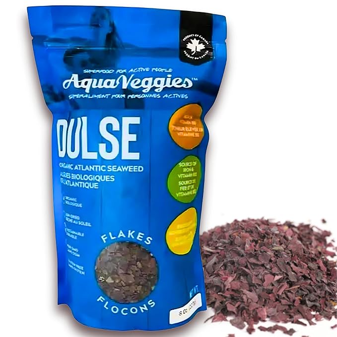 Aqua Veggies Organic Atlantic Dulse Flakes 227g 1/2lbs, Hand-Harvested, Sun-Dried Bay of Fundy, Excellent Source of Vitamins B6, B12, Iron, Iodine, Protein, Calcium and Fibre (Flake 227 Grams)