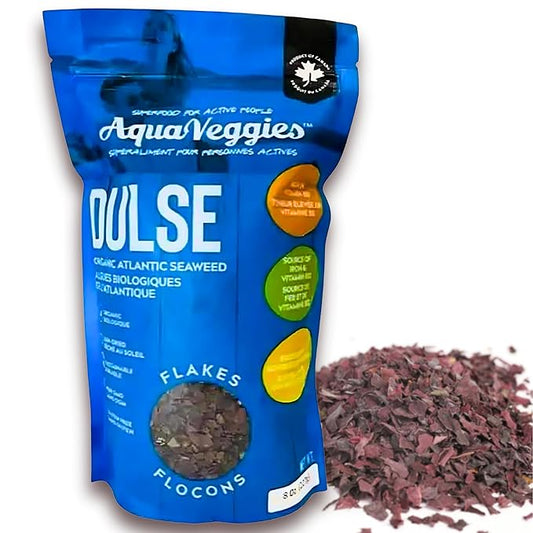 Aqua Veggies Organic Atlantic Dulse Flakes 227g 1/2lbs, Hand-Harvested, Sun-Dried Bay of Fundy, Excellent Source of Vitamins B6, B12, Iron, Iodine, Protein, Calcium and Fibre (Flake 227 Grams)