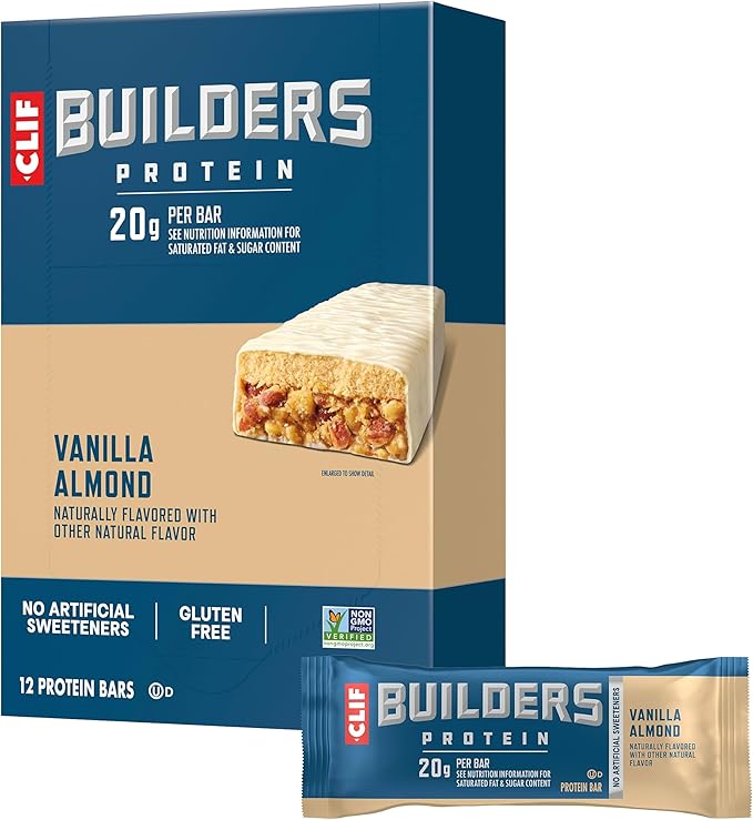 CLIF BUILDERS Protein Bars - Vanilla Almond Flavor - 20g Plant Based Protein - Gluten Free - Non-GMO - Low Glycemic - No Artificial Sweeteners - 2.4 oz. (12 Pack)