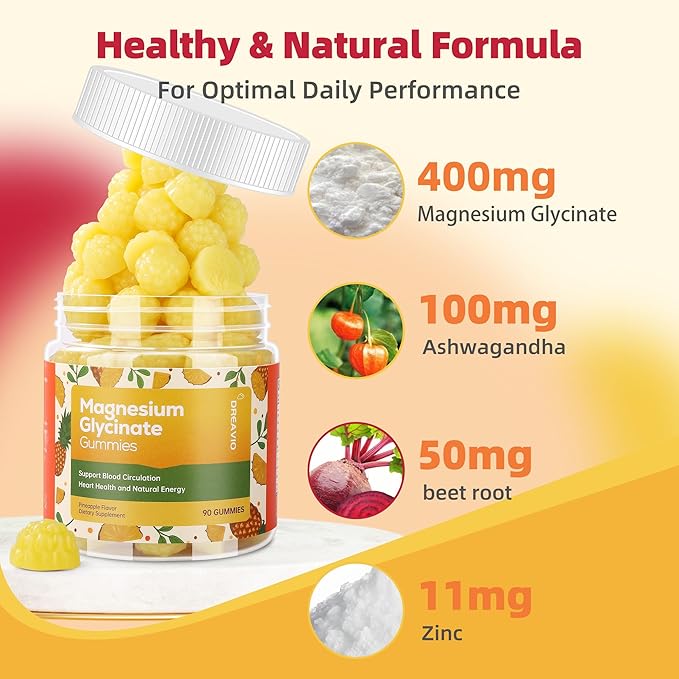DREAVIO 90 Count Magnesium Glycinate Gummies 400mg w/Ashwagandha Supplement - Sugar Free Zinc Magnesium Glycinate Supplement Ashwagandha Gummies for Adults Pineapple Flavor