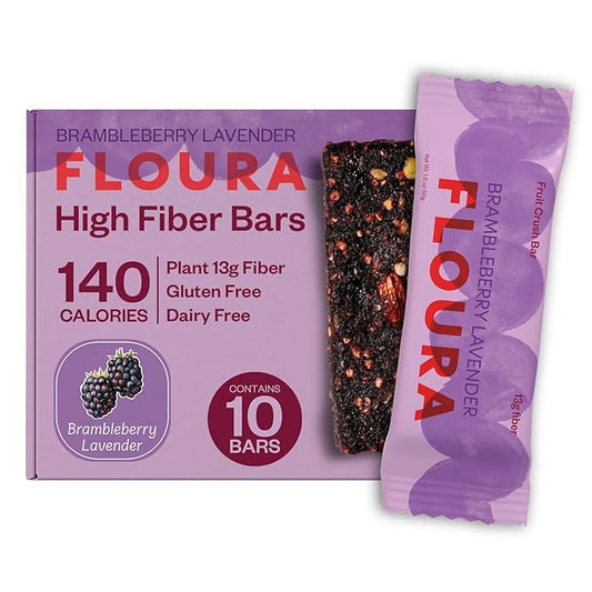 Floura Brambleberry Lavender Fruit-Forward Fiber Bars– High Fiber, Vegan, Gluten & Dairy Free, Low Calorie Healthy Snack Bars with Upcycled Produce for Gut Health [10 Pack]